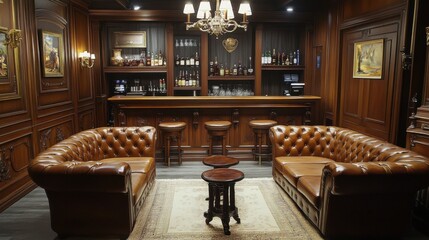 Vintage bar with luxurious wooden interiors and classic Chesterfield sofas, perfect for a sophisticated lounge setting.