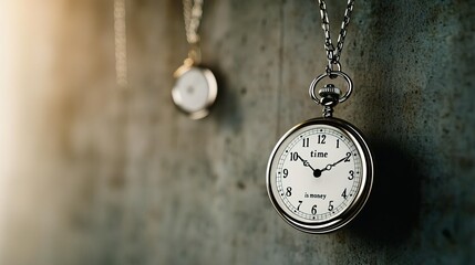A pocket watch swings as a pendulum against a concrete background, symbolizing the "time is money" concept..