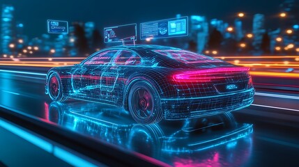 Autonomous car on a high-tech highway, glowing holographic displays floating above indicating AI-driven navigation, safety alerts, and vehicle diagnostics,
