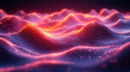 A vibrant, abstract landscape of illuminated waves and particles.