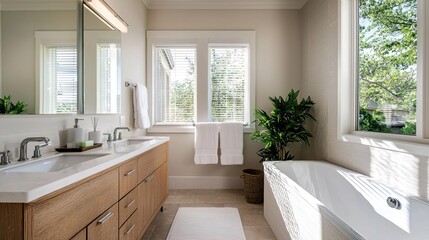 Fototapeta premium Stylish bathroom from another angle, featuring soft lighting and inviting colors for a soothing atmosphere..