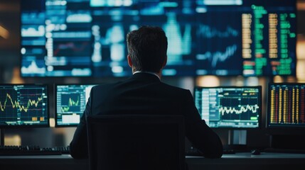 Business professional analyzes stock market data during evening trading session in a modern office