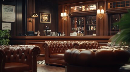 Vintage bar with luxurious wooden interiors and classic Chesterfield sofas, ideal for a cozy and elegant lounge setting.