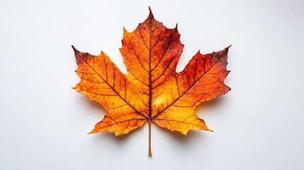 Obraz premium A vibrant orange maple leaf rests against a white background, showcasing the beauty of autumn.