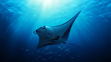 A majestic manta ray gliding through clear blue waters, showcasing its graceful wingspan and serene presence in an underwater environment.