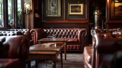 Vintage lounge featuring rich wooden interiors and classic Chesterfield sofas, offering an elegant and timeless atmosphere.