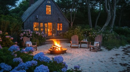Weathered shingle beach cottage with blooming hydrangeas and a cozy fire pit on a summer evening. Coastal charm.