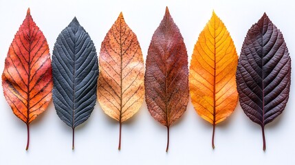 Obraz premium A vibrant array of six autumn leaves in various shades, showcasing nature's beauty and seasonal change.