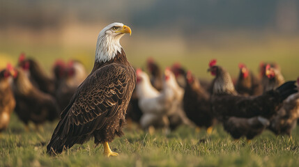 Fototapeta premium Eagle Soars Amidst Common Chicken Flock