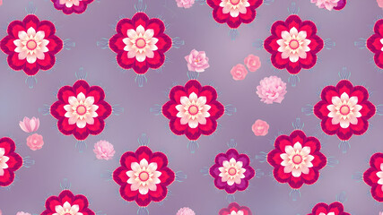 A pattern of flowers in pink and purple with a blue background