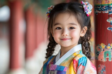 Fototapeta premium Hispanic little girl in traditional hanbok costume at korean village palace