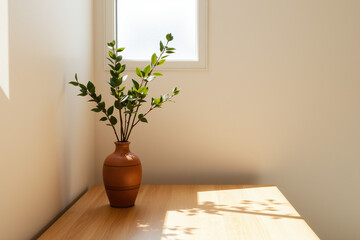 Minimalist Indoor Scene with Wooden Countertop and Green Leafy Vase.generative AI