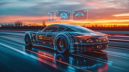 Autonomous electric car driving on a tech-enhanced highway, holographic icons above displaying road status, speed, and navigation data, vibrant sunset colors in the background,