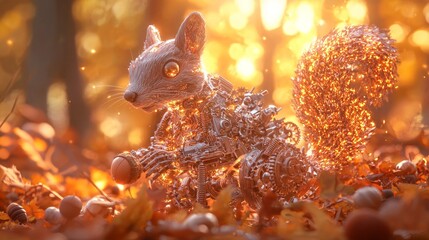 Obraz premium Whimsical Mechanical Squirrel Gathering Acorns in Autumn Forest - Ultra-Detailed 3D Render with Cinematic Lighting