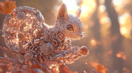 Obraz premium Whimsical Robotic Squirrel Gathering Acorns in Autumn Forest - Ultra-Detailed 3D Render with Cinematic Lighting