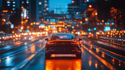 Autonomous electric vehicle on a busy highway at night, colorful holographic data floating above showing speed, navigation, and safety indicators, neon-lit city in the background,