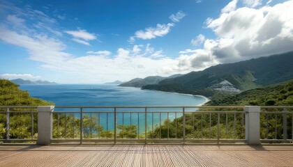 Fototapeta premium Breathtaking coastal view with mountains under a blue sky, tranquil and serene atmosphere.