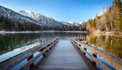 Scenic lake view with mountains, trees, and a wooden dock under blue sky