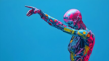 Obraz premium Surreal Mechanized Humanoid Dabs on Vivid Neon Blue Background