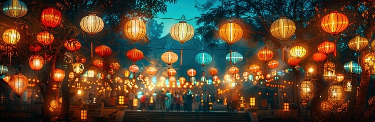 Colorful paper lanterns illuminate a vibrant festival night scene with bokeh lights and a festive atmosphere among trees.