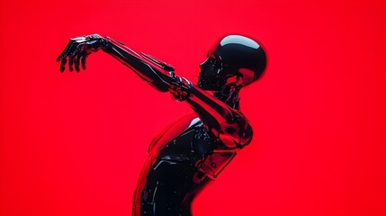 Surreal High-Tech Cyborg Dabs on Vivid Fluorescent Red Background