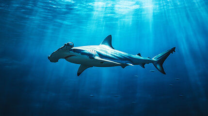 Naklejka premium A majestic hammerhead shark glides gracefully through the clear blue ocean waters, showcasing its unique shape and vibrant colors, surrounded by shimmering rays of sunlight.