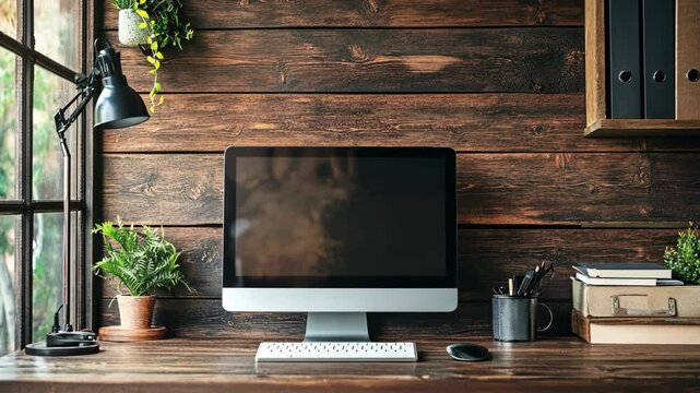 A wooden desk with a computer, keyboard, and mouse, set against a rustic wood wall
