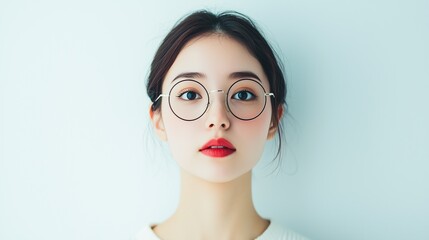 Fototapeta premium A stylish young woman with glasses showcases a fresh and modern look against a minimalist background.