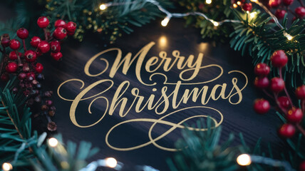 Merry Christmas calligraphy surrounded by festive greenery and berries