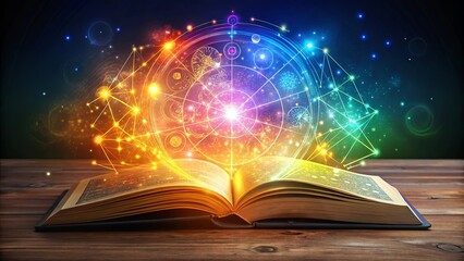 An Open Book Emanates Cosmic Energy, A Mystical Display of Intertwined Geometrical Patterns and Glowing Lights