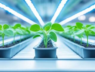 Vibrant green seedlings grow under bright LED lights in a modern indoor farm, showcasing agricultural innovation and sustainability.