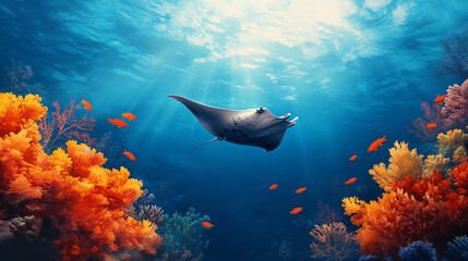 Fototapeta premium A graceful manta ray gliding through vibrant coral reefs, surrounded by colorful fish in clear blue waters, showcasing the beauty of marine life and underwater ecosystems.