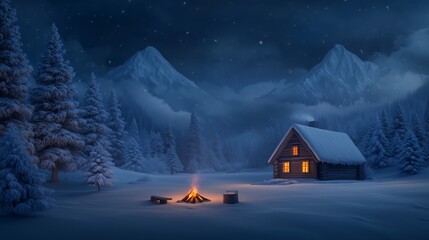 A snowy landscape with a warmly lit cabin, decorated trees, and a cozy fire pit outside, perfect for a winter evening