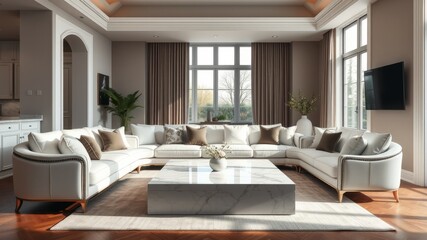 Fototapeta premium Elegant Minimalist Living Room with Modern White Sofa and Marble Coffee Table in Soft Natural Light