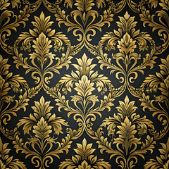 a black and gold wallpaper with a floral pattern