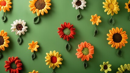 Crocheted flowers sunflowers tulips for decorative on green background