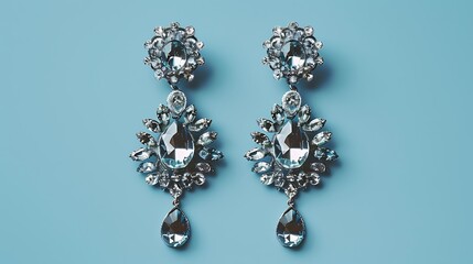 Crystal drop earrings in vintage style on blue background