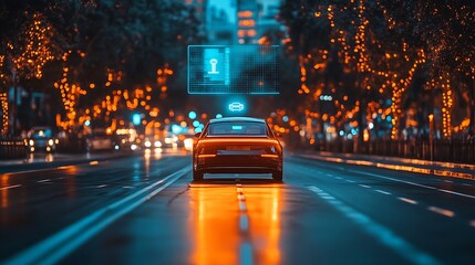 Autonomous vehicle on a futuristic road, holographic icons hovering above showing real-time speed, fuel efficiency, and vehicle distance, modern smart city glowing in neon lights,