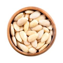 Freshly blanched almonds in a wooden bowl. Shelled almonds that have been treated with hot water to soften the seed coat, which is then removed to reveal the white seed. Fruits of Prunus amygdalus.
