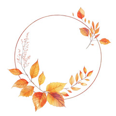 minimalist design featuring a delicate circular frame made of thin, overlapping lines. Watercolor autumn leaves in shades of orange and yellow,  transparent background