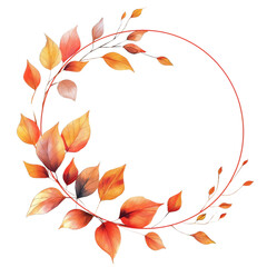 minimalist design featuring a delicate circular frame made of thin, overlapping lines. Watercolor autumn leaves in shades of orange and yellow,  transparent background