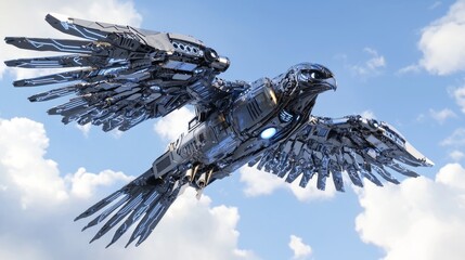 Majestic Mechanical Falcon in Flight - 3D Render Illustration with Intricate Patterns and Glowing Elements