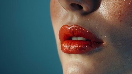 A beauty advertisement shot of a model’s lips with a shimmering nude lipstick, emphasizing the smooth, natural finish with soft lighting. 8k UHD, suitable for high-quality printing or digital 