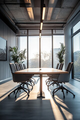 Office interior with a large conference table and video conferencing setup