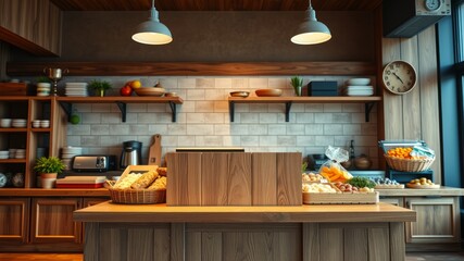 High Dynamic Range Kitchen Podium Display for Food Products with Wooden Background