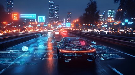 Driverless vehicle on a crowded highway at night, interactive holographic icons indicating speed, AI-controlled navigation, and traffic updates, vibrant city skyline glowing with neon lights,