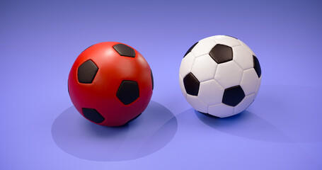Fototapeta premium Football or Soccer ball red and black color and white and black on a blue back ground