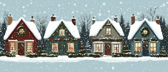 The quaint houses, adorned with holiday decorations, stand side by side under softly falling snow. The scene captures the warmth of Christmas and New Year celebrations