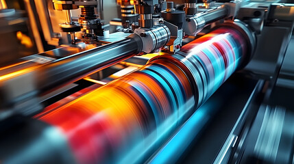 dynamic closeup of a modern printing press in action showcase the precision and complexity of the machine with vibrant ink colors