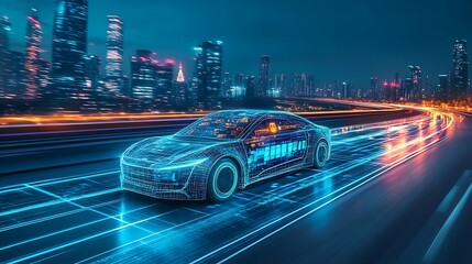 Fototapeta premium Electric autonomous car driving on a high-tech highway, glowing digital data icons showing real-time navigation, speed, and road safety, advanced city skyline in the distance, smooth road design,